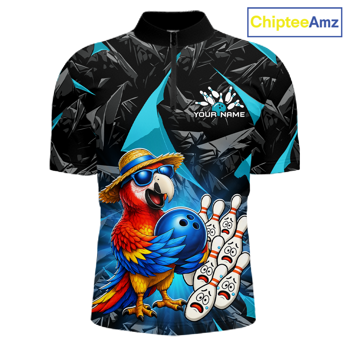 Colorful parrot with a hat and sunglasses holding a bowling ball and pins on a black and blue patterned shirt with 'ChipteeAmz' branding.