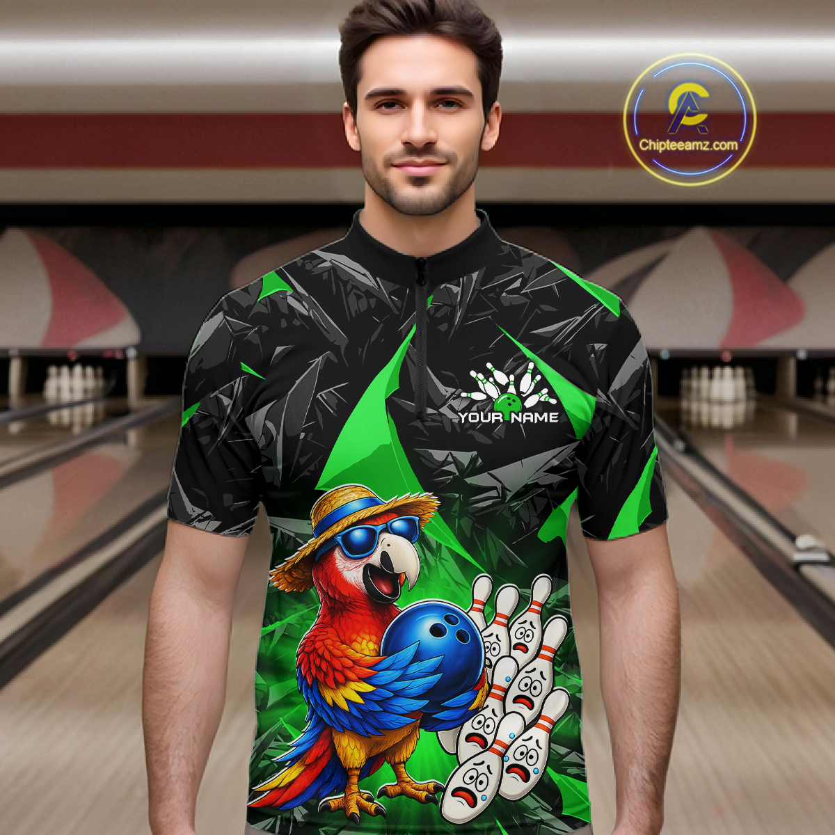 Man wearing a colorful bowling shirt with a parrot design in a bowling alley.