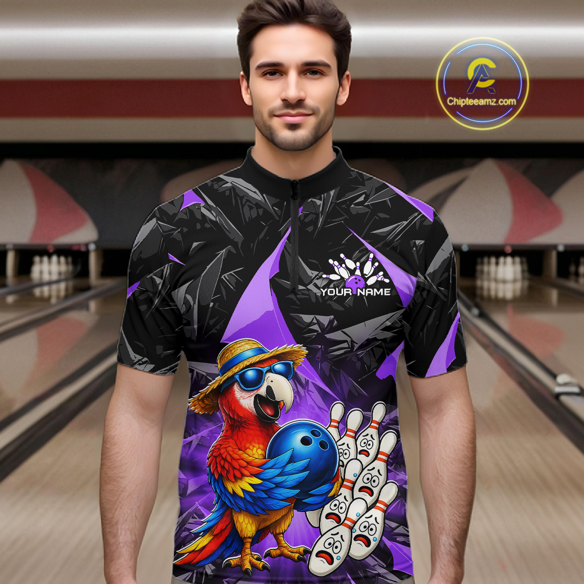 Man wearing a colorful bowling shirt with a parrot design in a bowling alley.