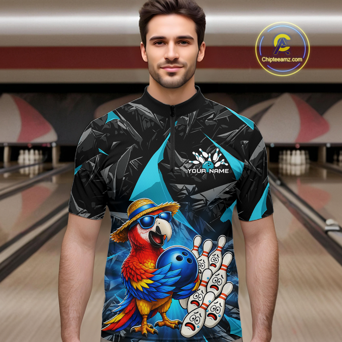 Man wearing a colorful bowling shirt with a parrot design in a bowling alley.