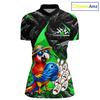 Colorful parrot bowling shirt with green and black design, featuring 'ChipteeAmz' branding.