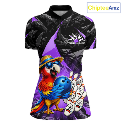 Bowling shirt with a colorful parrot design and 'ChipteeAmz' branding.