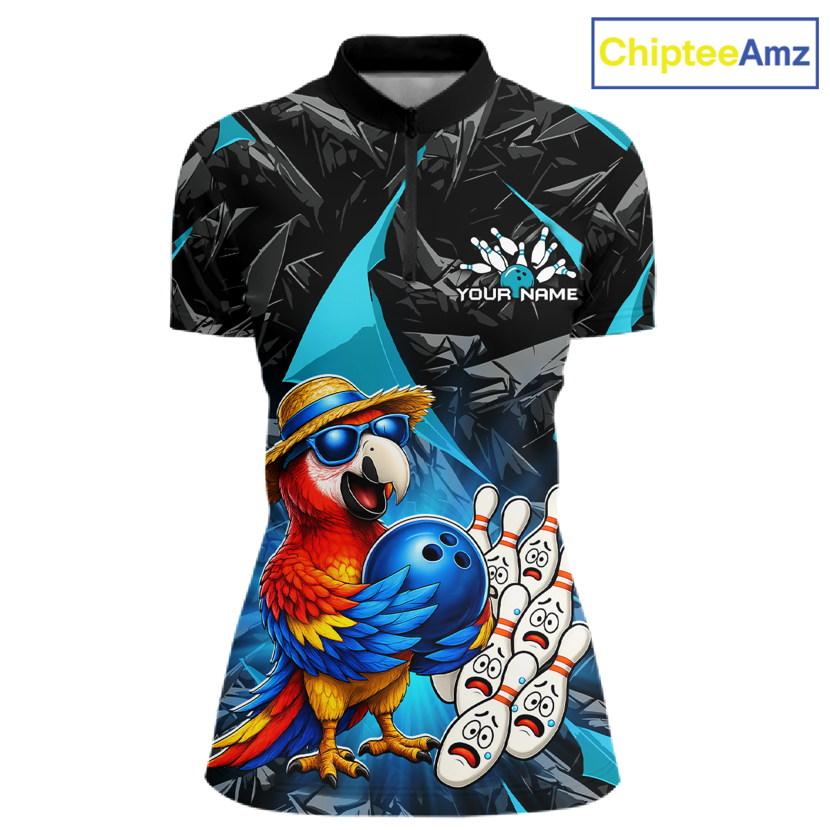 Colorful parrot design on a black and blue shirt with 'ChipteeAmz' branding.