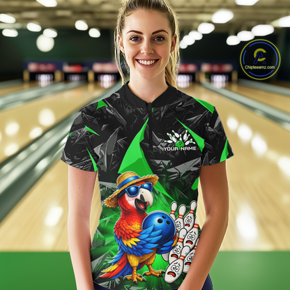 Woman wearing a custom bowling shirt with a parrot design in a bowling alley.