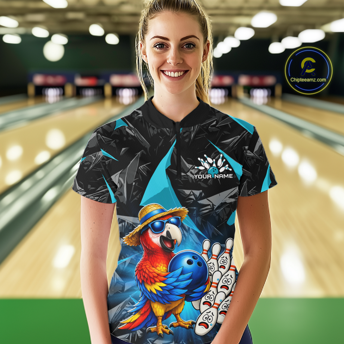 Person wearing a colorful bowling shirt with a parrot design in a bowling alley.