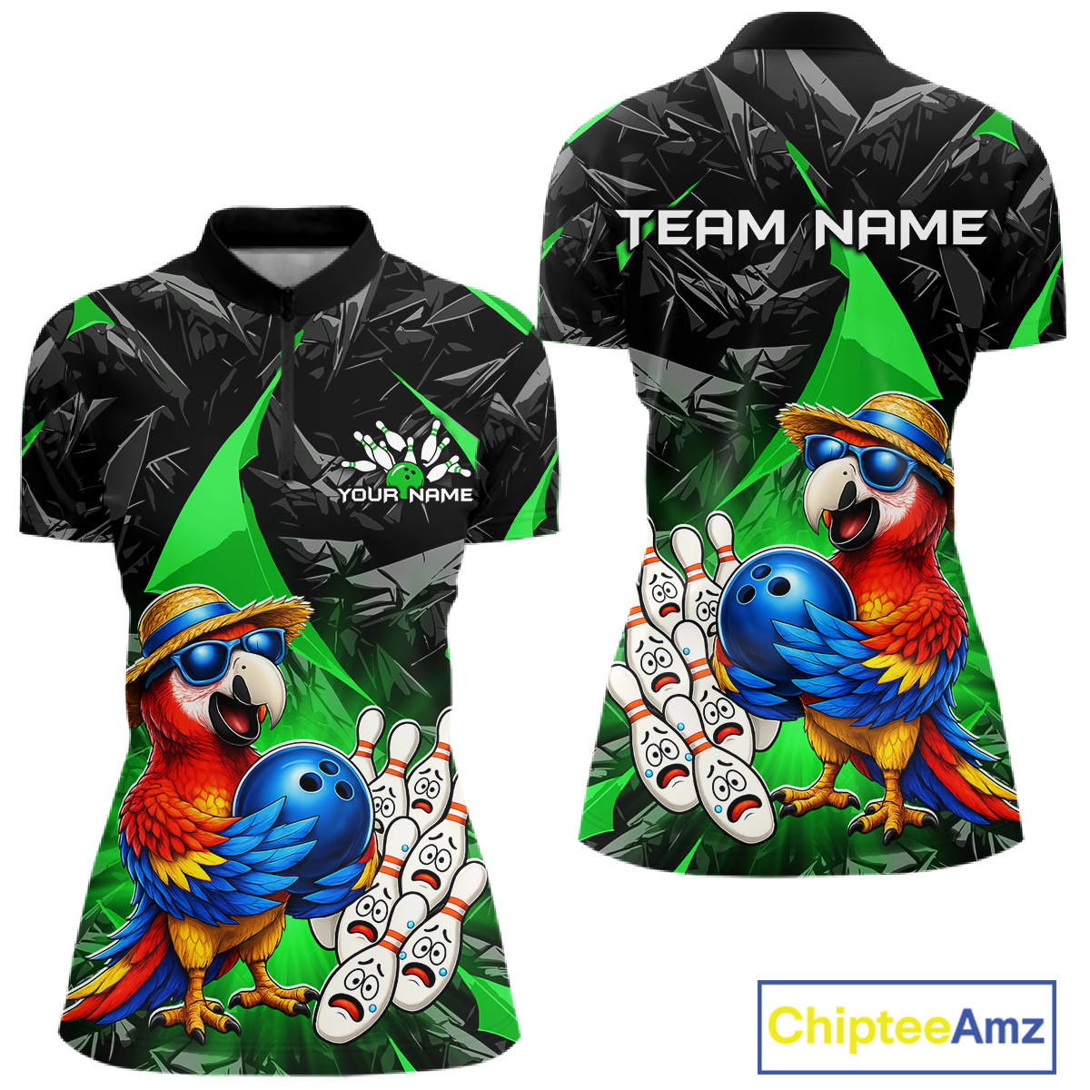 Colorful bowling shirt with parrot design and customizable text on a white background