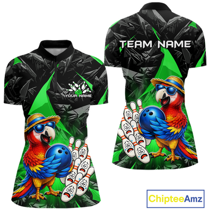 Colorful bowling shirt with parrot design and customizable text on a white background