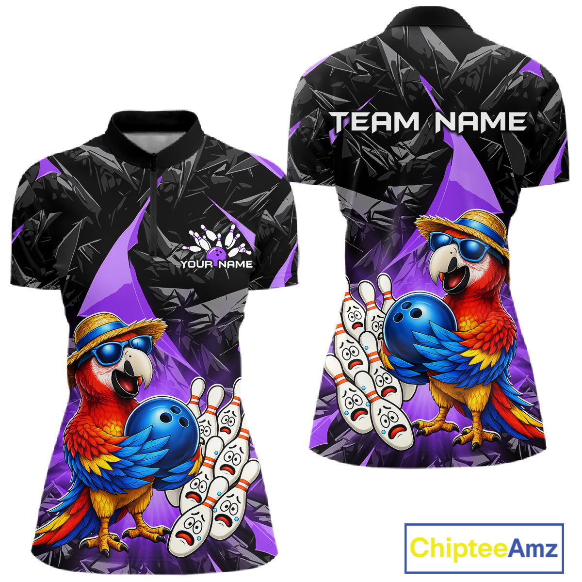 Bowling shirt with parrot design and customizable text on a white background