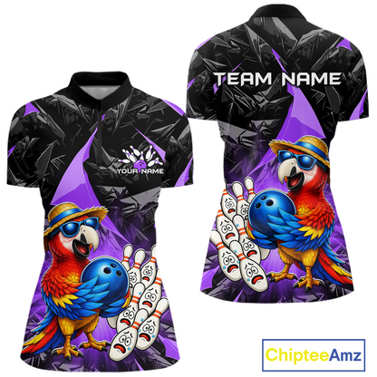 Bowling shirt with parrot design and customizable text on a white background