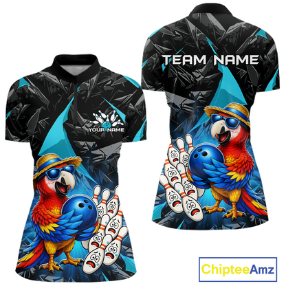 Colorful bowling shirt with parrot design and customizable text on a white background