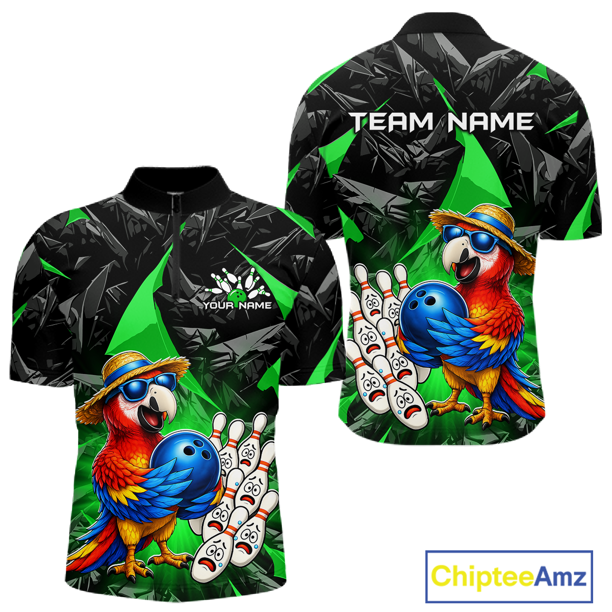 Colorful parrot-themed bowling shirt with customizable text on a white background