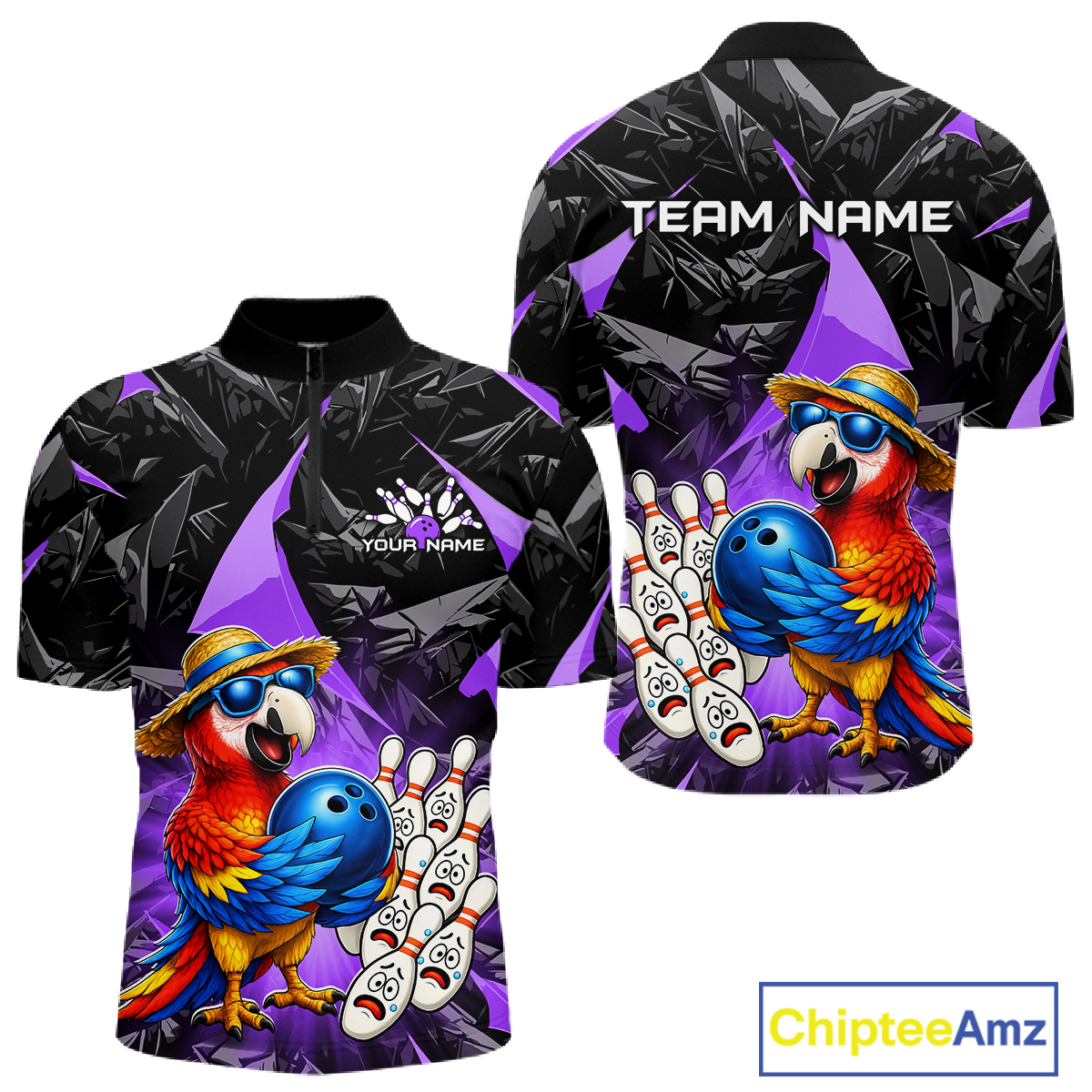 Colorful polo shirt with parrot design and customizable text on a white background