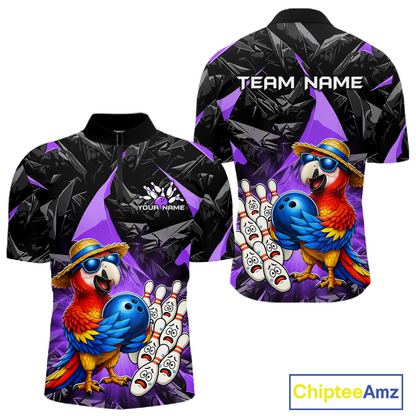 Colorful polo shirt with parrot design and customizable text on a white background