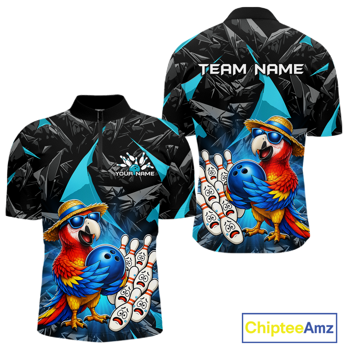 Bowling shirt with parrot design and customizable text on a white background