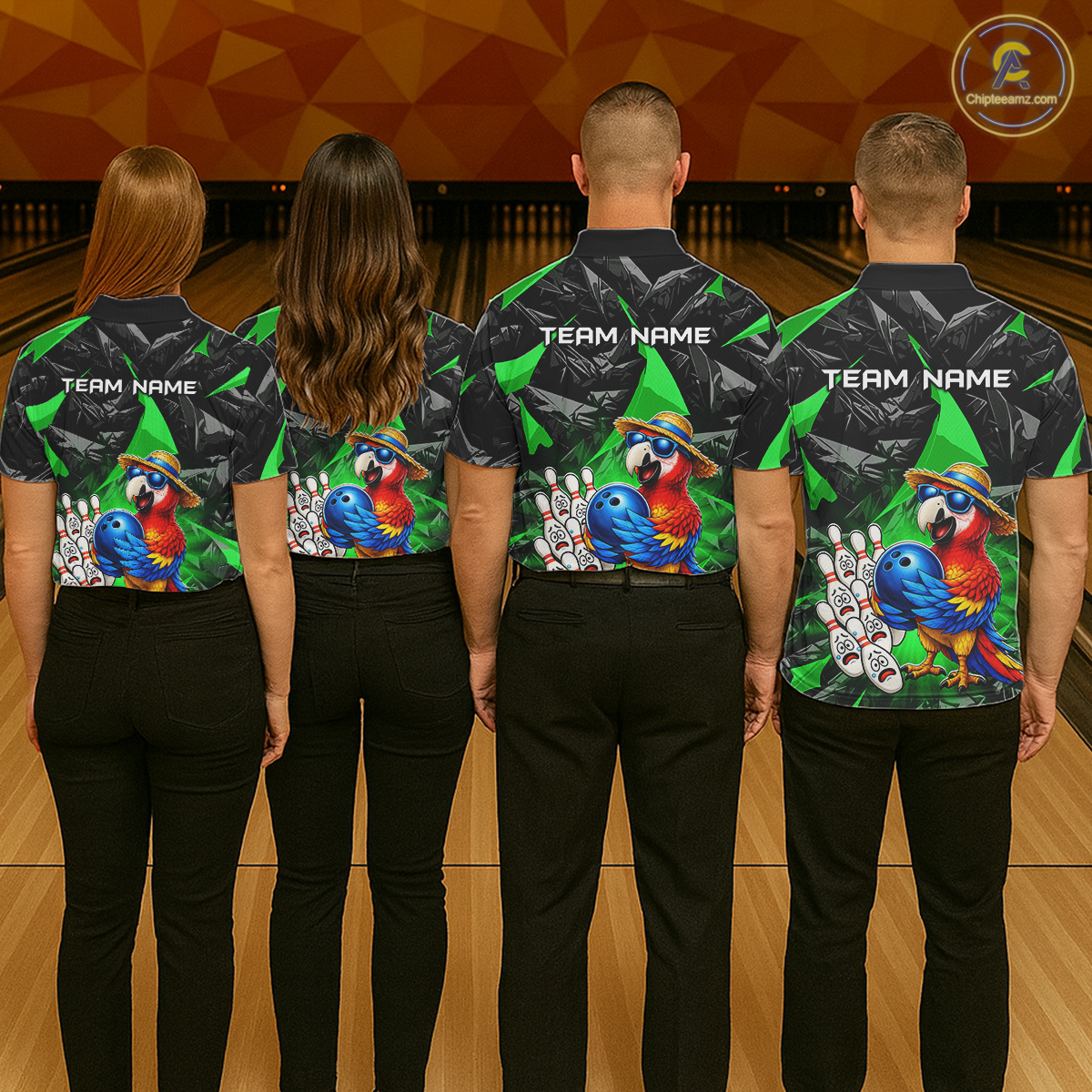 Four people wearing bowling shirts with colorful parrot designs and 'Team Name' text on a bowling alley.