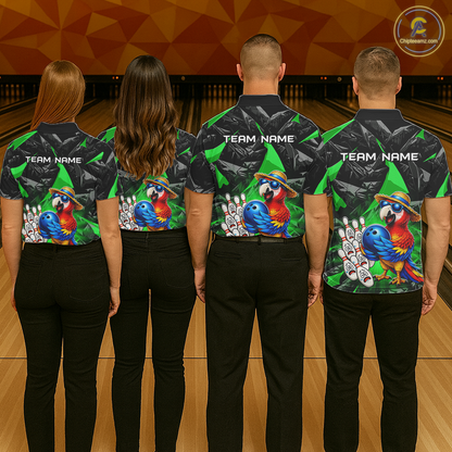 Four people wearing bowling shirts with colorful parrot designs and 'Team Name' text on a bowling alley.