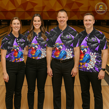 Load image into Gallery viewer, Four people wearing matching bowling shirts with a colorful design on a bowling alley.