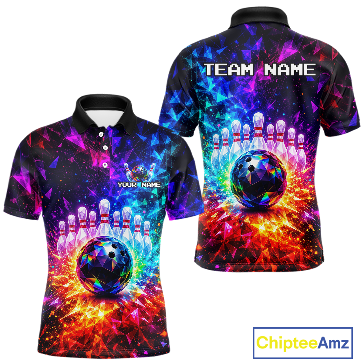 Colorful bowling-themed polo shirt with customizable text on a white background