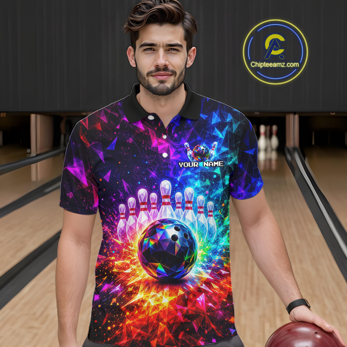 Man wearing a colorful bowling-themed shirt with a bowling ball design in a bowling alley.