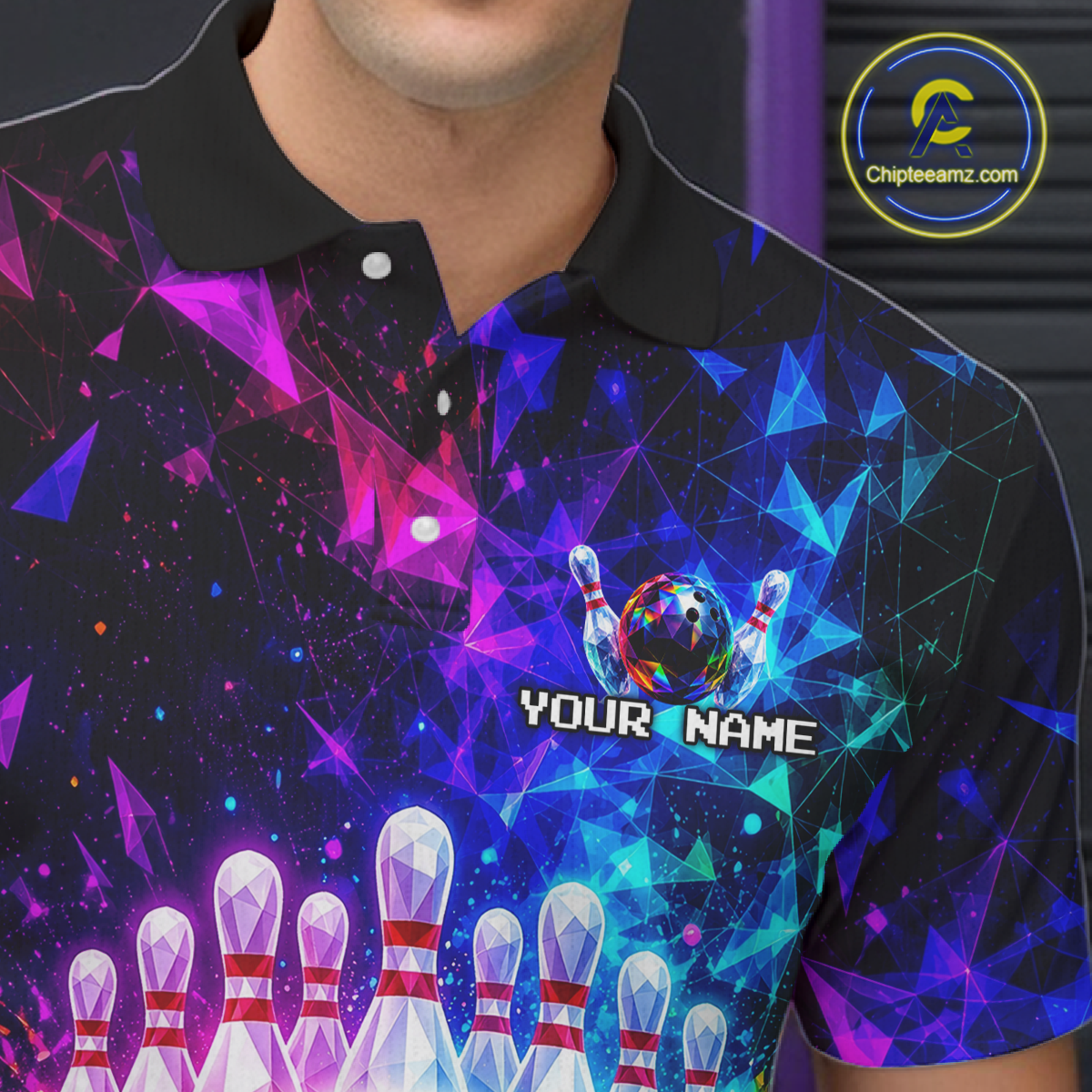 Colorful bowling-themed shirt with geometric design and 'Your Name' text on a dark background.
