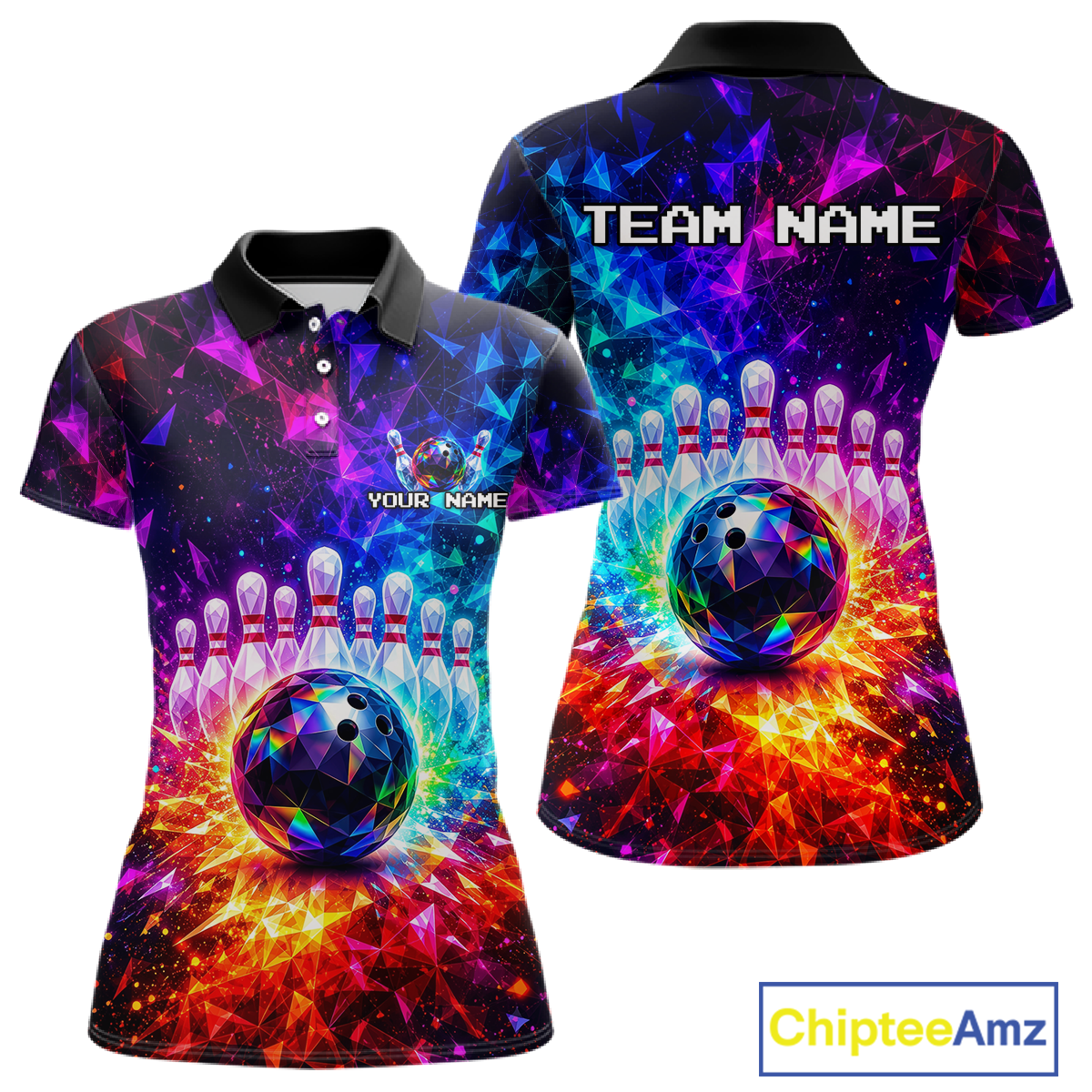 Colorful bowling-themed polo shirt with 'Team Name' and 'Your Name' text on a white background.