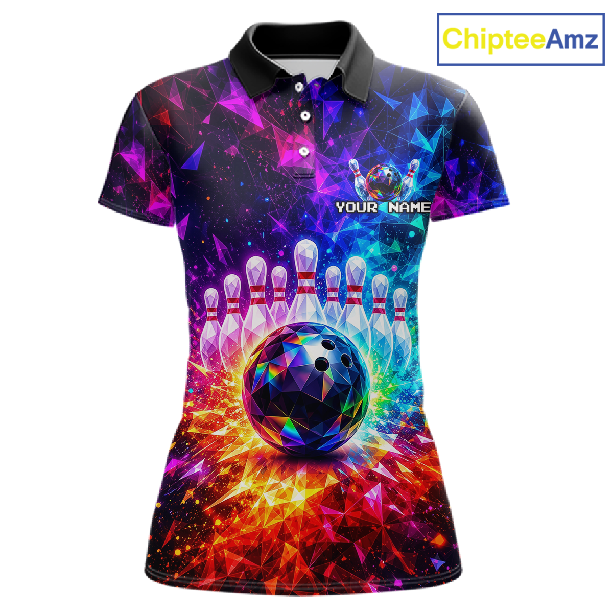 Colorful bowling-themed polo shirt with a bowling ball and pins design on a white background, branded 'ChipteeAmz'.