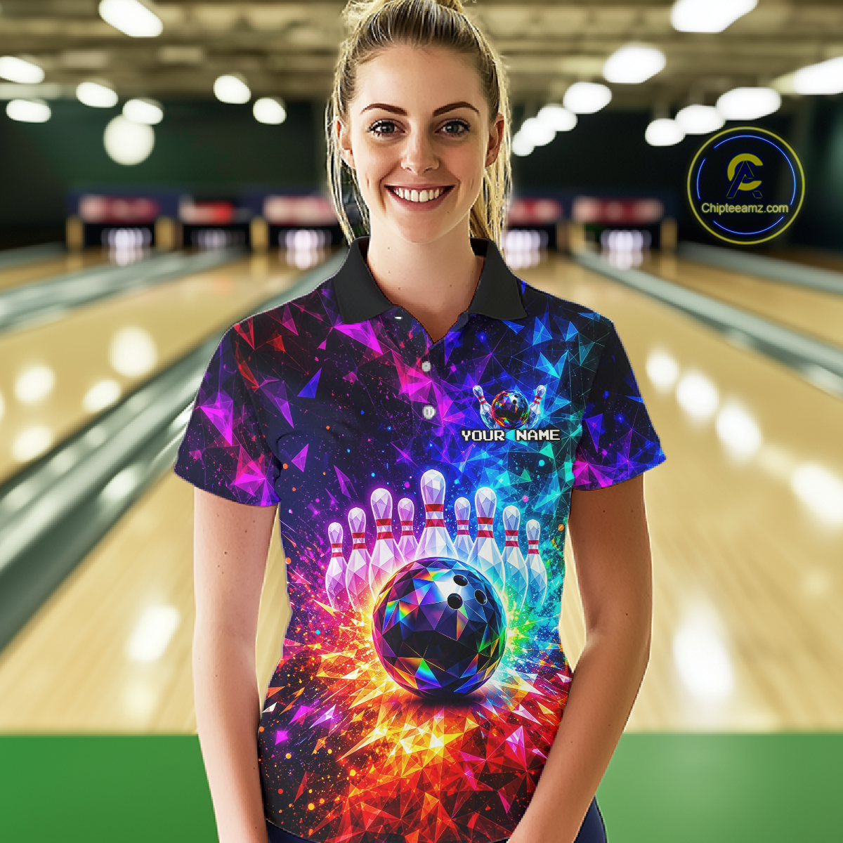 Woman wearing a colorful bowling shirt with a bowling ball and pins design in a bowling alley.