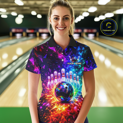 Woman wearing a colorful bowling shirt with a bowling ball and pins design in a bowling alley.