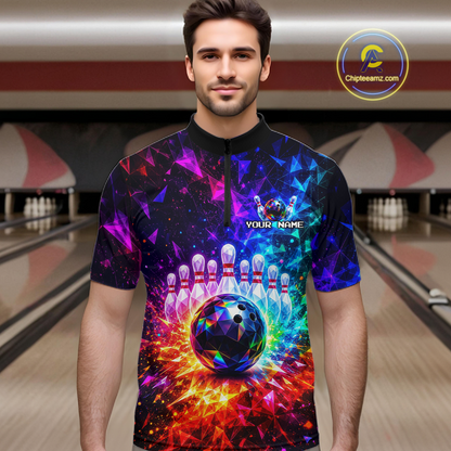 Man wearing a colorful bowling shirt with a design of a bowling ball and pins in a bowling alley.