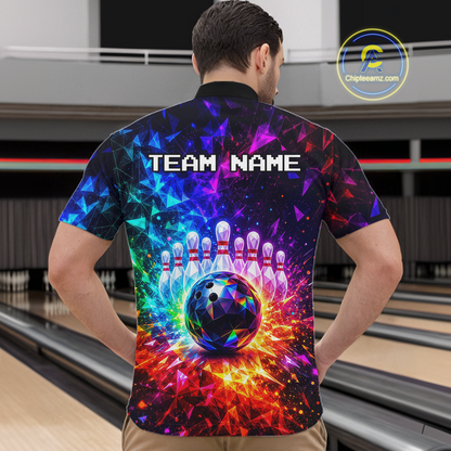 Person wearing a colorful bowling shirt with a design on a bowling alley.