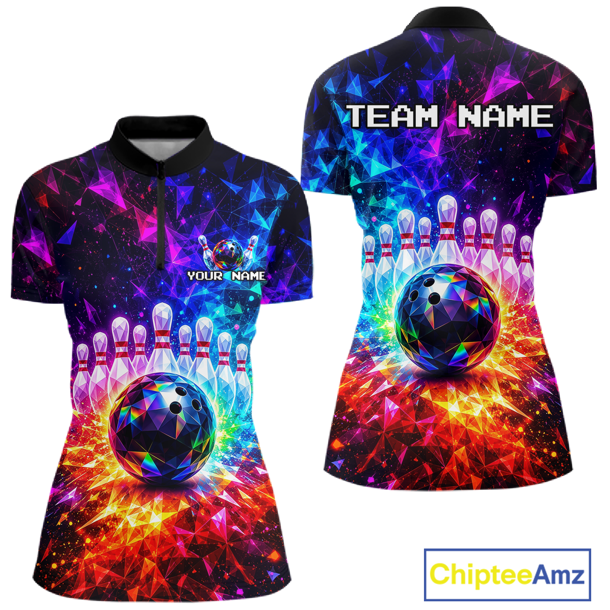 Colorful bowling-themed polo shirt with 'Team Name' and 'Your Name' text on a white background.