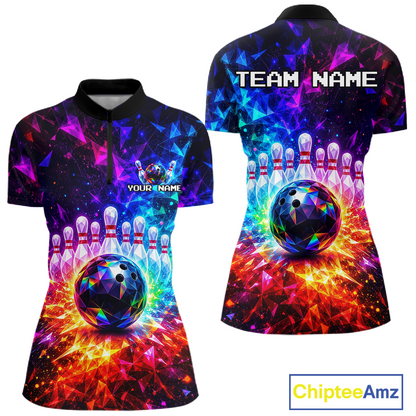 Colorful bowling-themed polo shirt with 'Team Name' and 'Your Name' text on a white background.