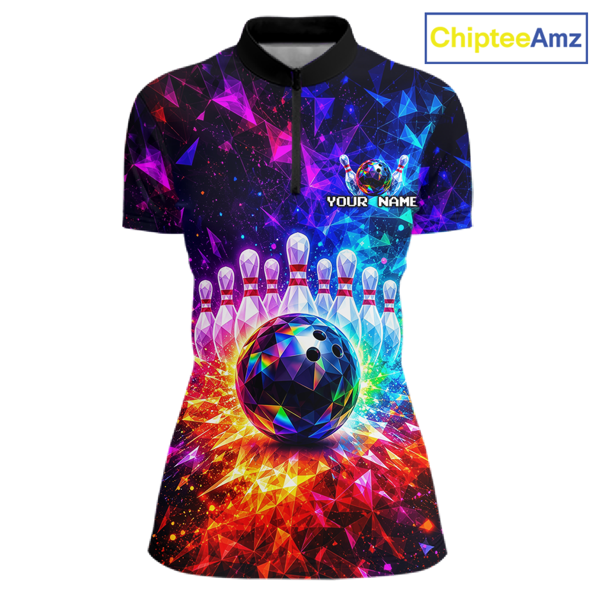 Colorful bowling-themed shirt with a bowling ball and pins design on a white background, branded 'ChipteeAmz'.