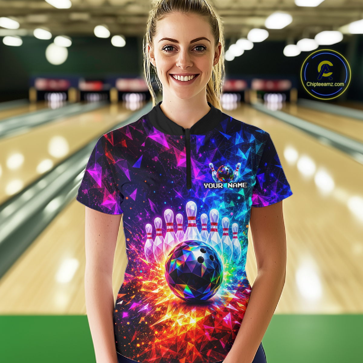 Person wearing a colorful bowling shirt with a bowling ball and pins design in a bowling alley.