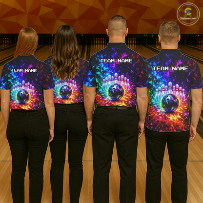 Four people wearing colorful bowling shirts with 'TEAM NAME' text on a bowling alley.