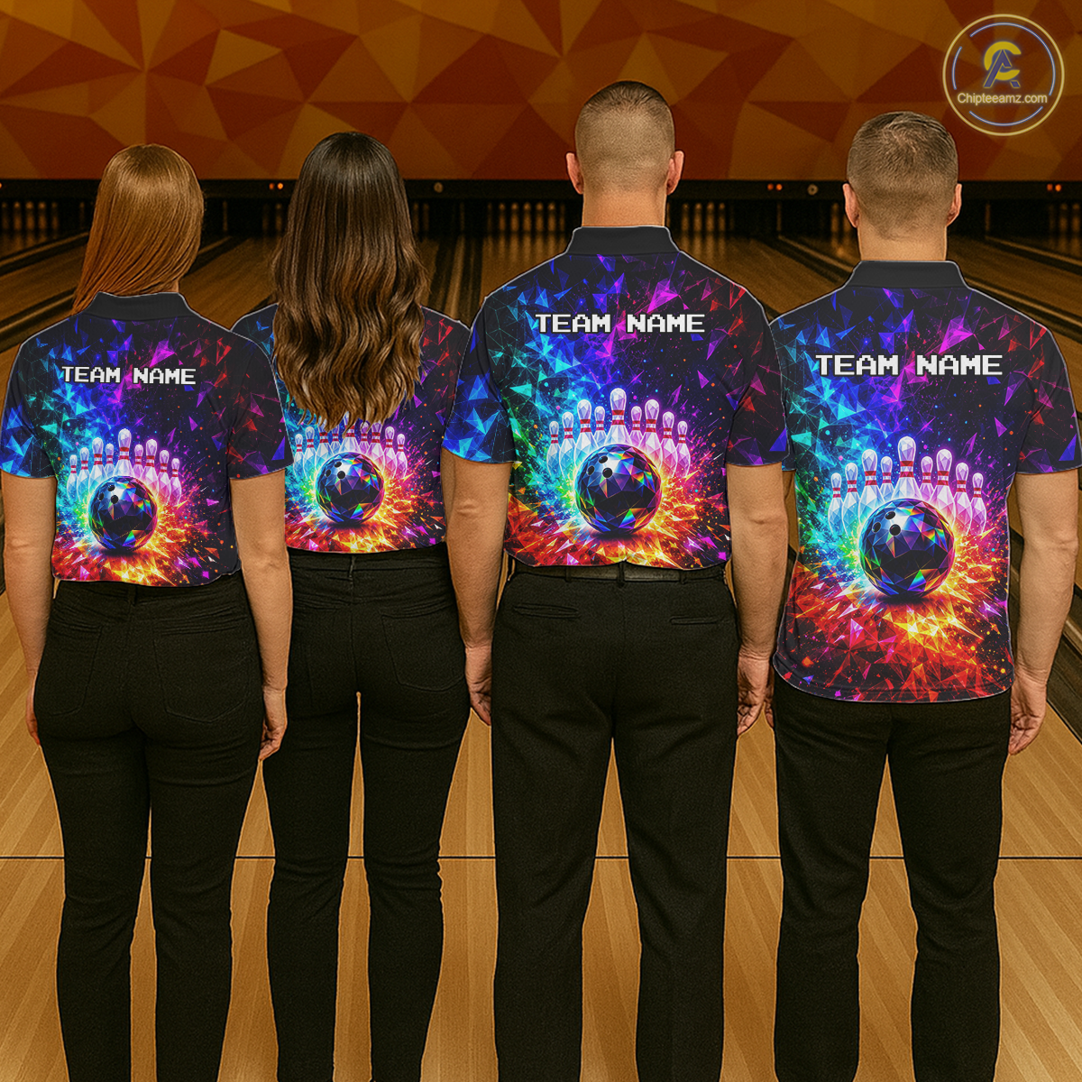 Four people wearing colorful bowling shirts with 'TEAM NAME' text on a bowling alley.