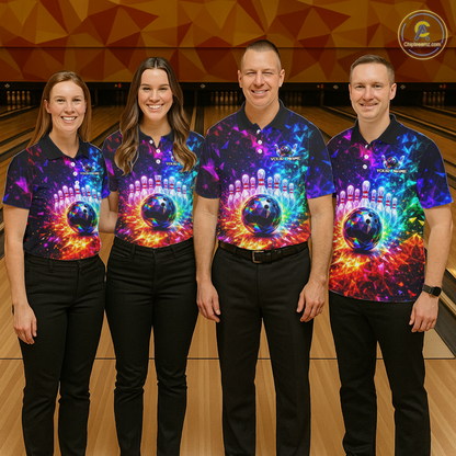 Four people wearing colorful bowling shirts with a bowling ball design on a bowling alley.