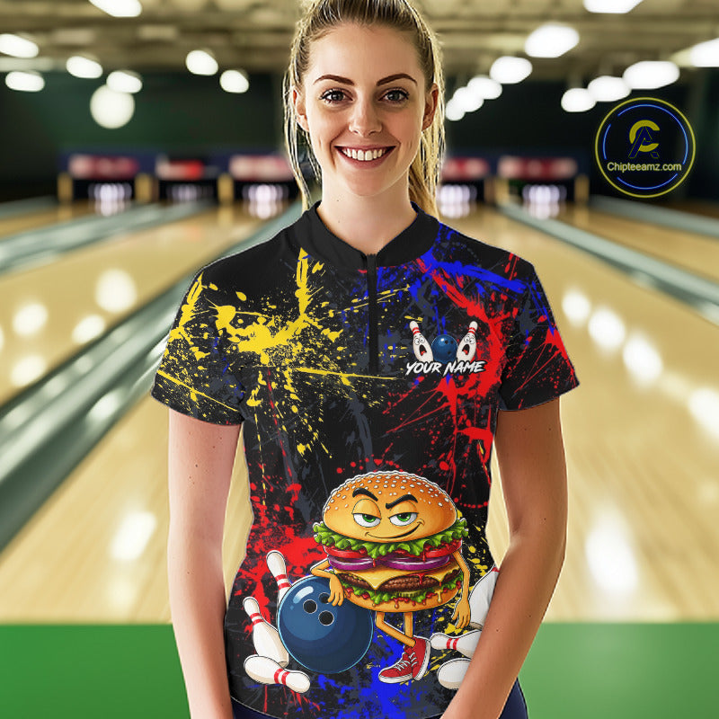 Custom Colorful Funny Hamburger Bowling Jersey for Women Bowling Team Shirts Bowling League HNT467