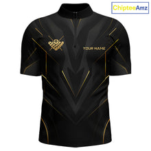 Load image into Gallery viewer, Black and gold sports jersey with a logo and text space on a white background