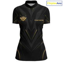 Load image into Gallery viewer, Black and gold polo shirt with a logo and text on a white background