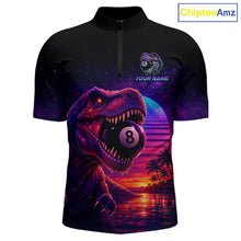 Load image into Gallery viewer, Black polo shirt with a dinosaur holding a pool ball design on a white background, featuring the brand 'Chiptee Amz'.