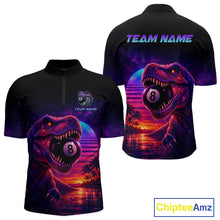 Load image into Gallery viewer, Black zip-up shirt with dinosaur and pool ball design on a white background, featuring 'Chiptee Amz' branding.