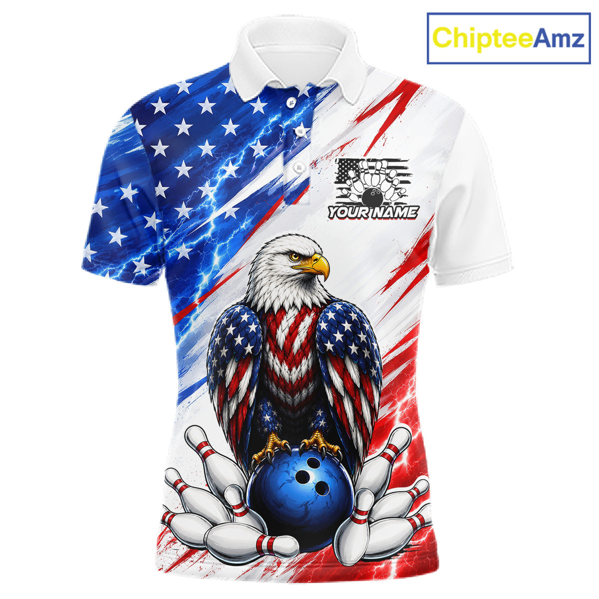 Polo shirt with American flag design and eagle holding a bowling ball, featuring ChipteeAmz branding.
