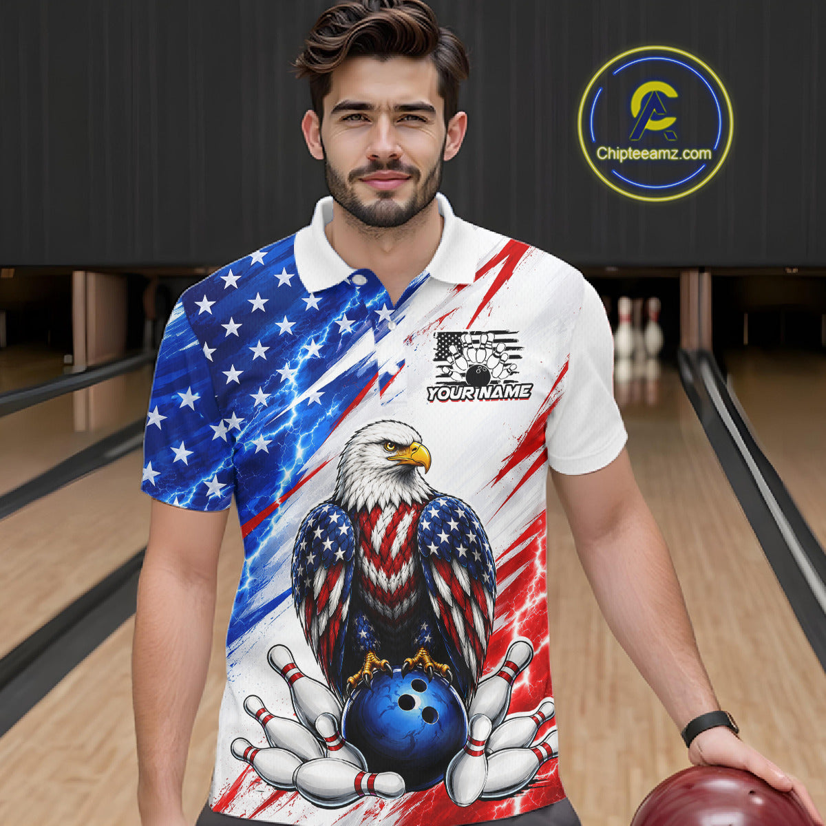 Man wearing a patriotic bowling shirt with an eagle design in a bowling alley.