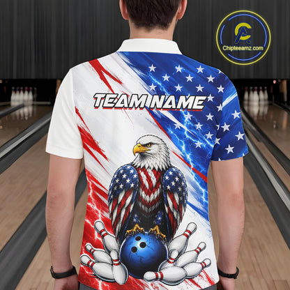 Person wearing a bowling shirt with an eagle design and 'TEAMNAME' text in a bowling alley.