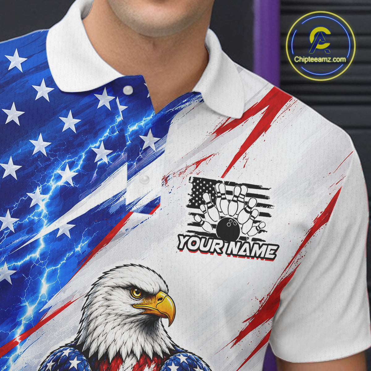 Polo shirt with American flag design, eagle, and personalized text on a blurred background.