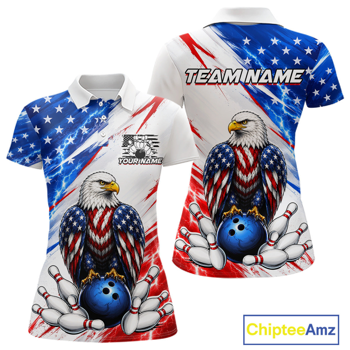 Bowling shirt with American flag design and eagle holding a bowling ball, customizable text on a white background.
