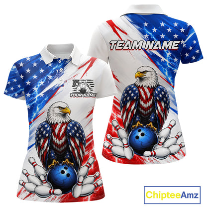 Bowling shirt with American flag design and eagle holding a bowling ball, customizable text on a white background.