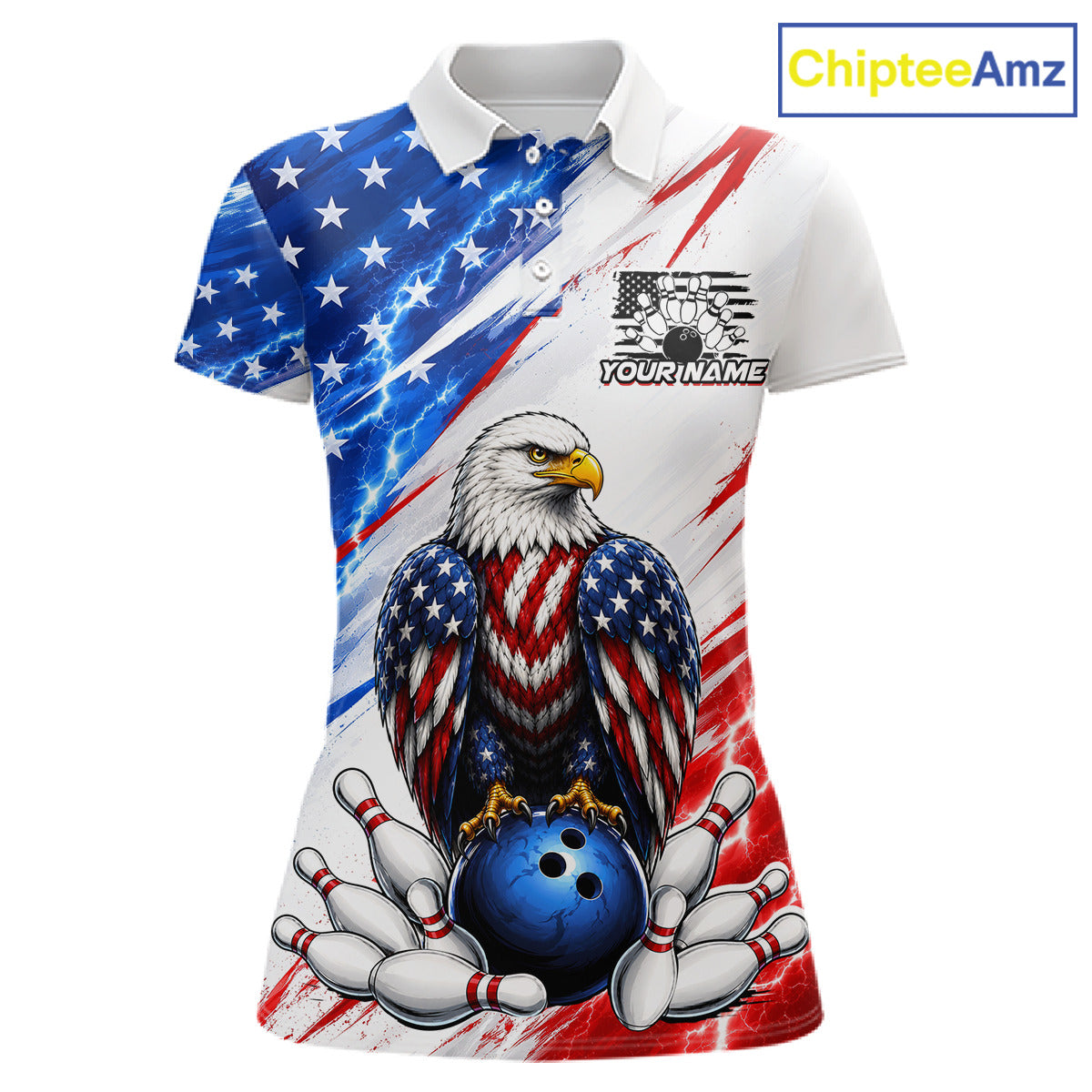 Polo shirt with American flag design and eagle holding a bowling ball, featuring ChipteeAmz branding.