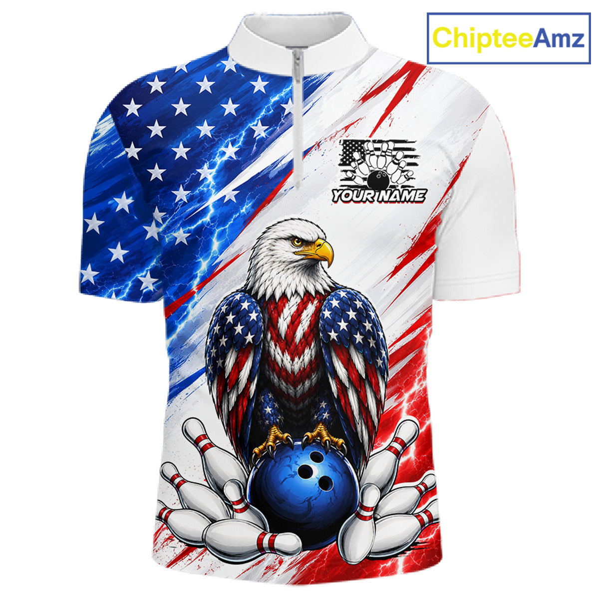 Polo shirt with American flag design and eagle holding a bowling ball, featuring ChipteeAmz branding.